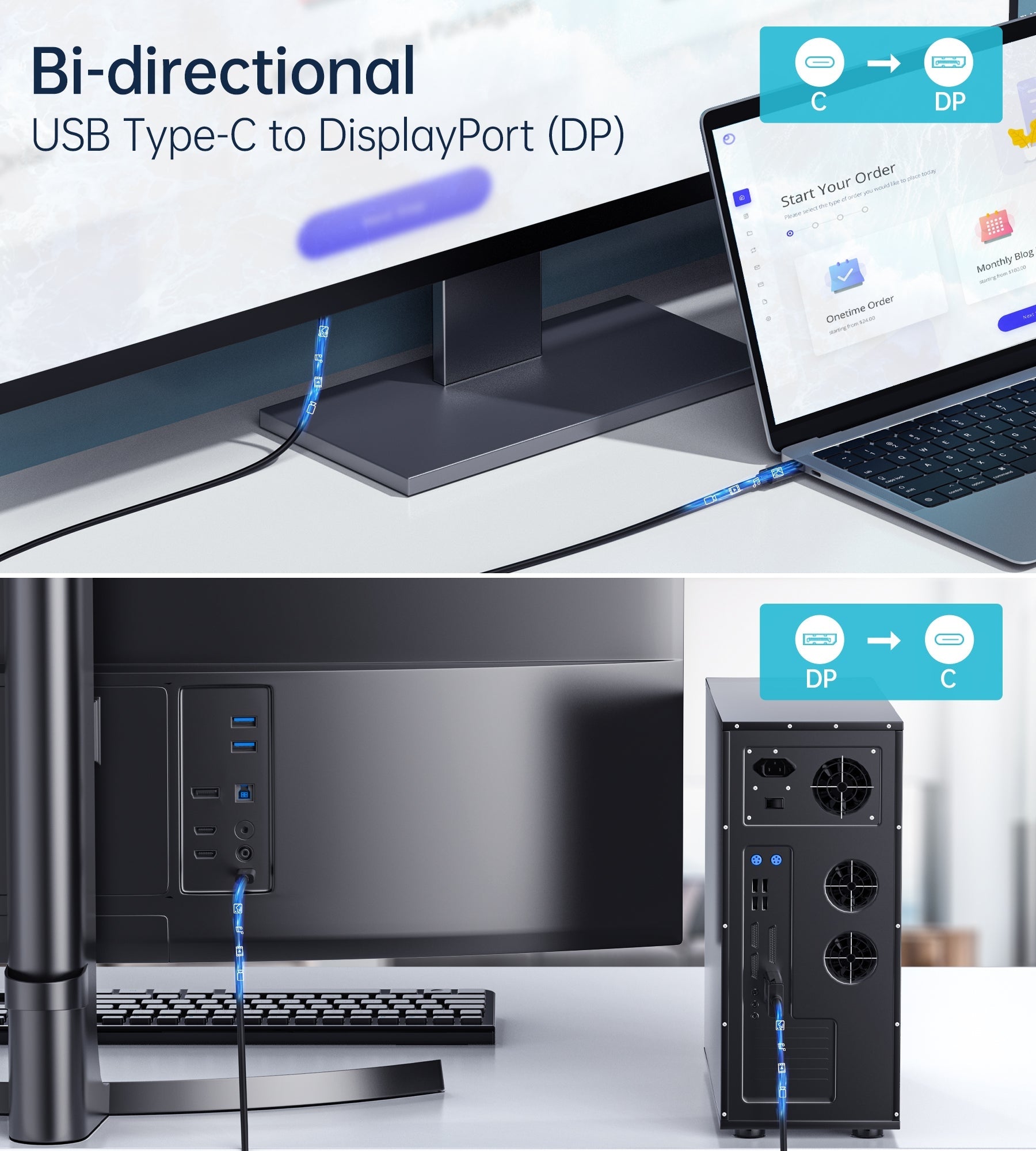 CHOETECH XCP-1803 USB-C To DisplayPort Cable 8K@30Hz 1.8M Two-Way V28-ELECHOXCP1803