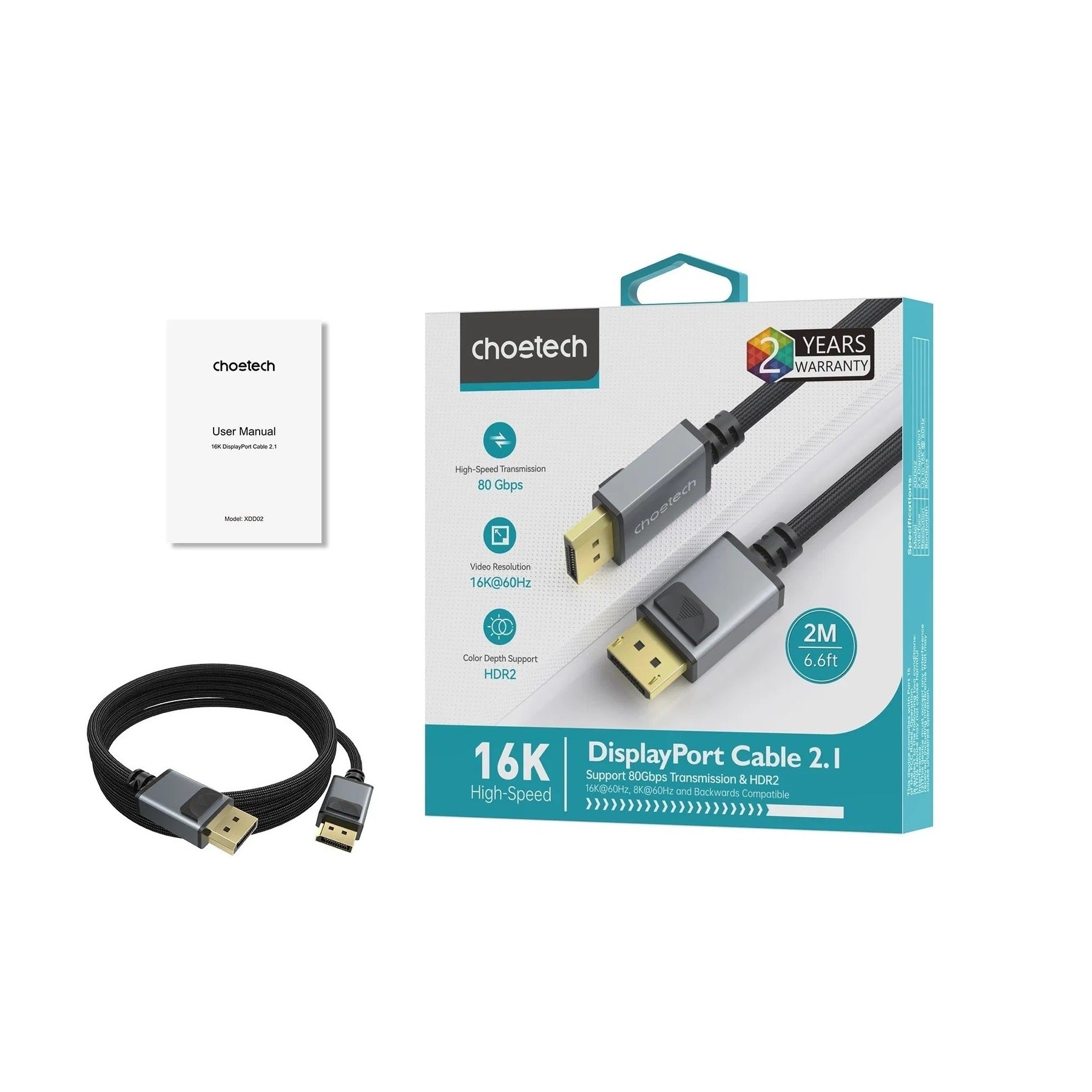 CHOETECH XDD02 16K 60Hz DP to DP Cable 2M V28-ELECHOXDD02