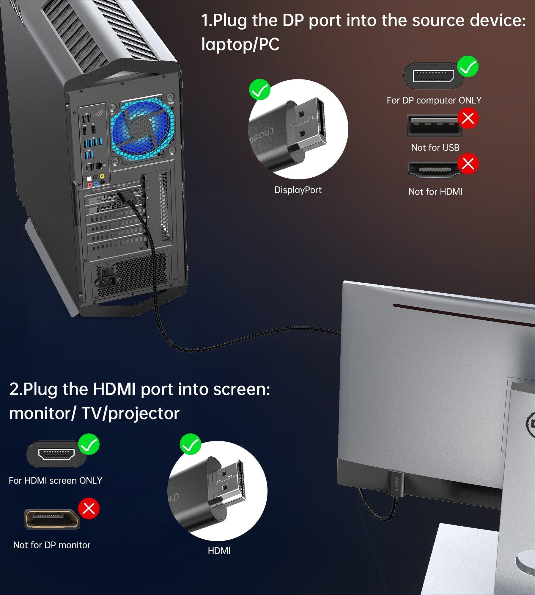 CHOETECH XDH01 4K 60Hz DisplayPort Male to HDMI Male Braided Cable 2M V28-ELECHOXDH01