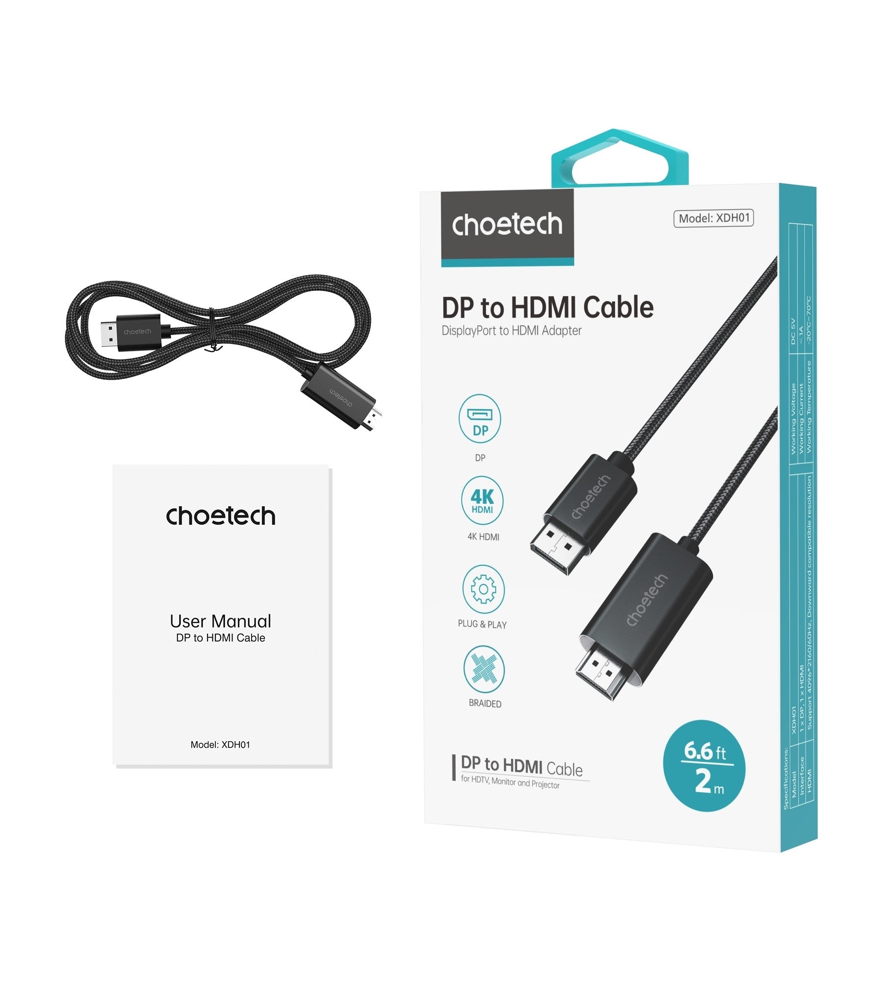 CHOETECH XDH01 4K 60Hz DisplayPort Male to HDMI Male Braided Cable 2M V28-ELECHOXDH01