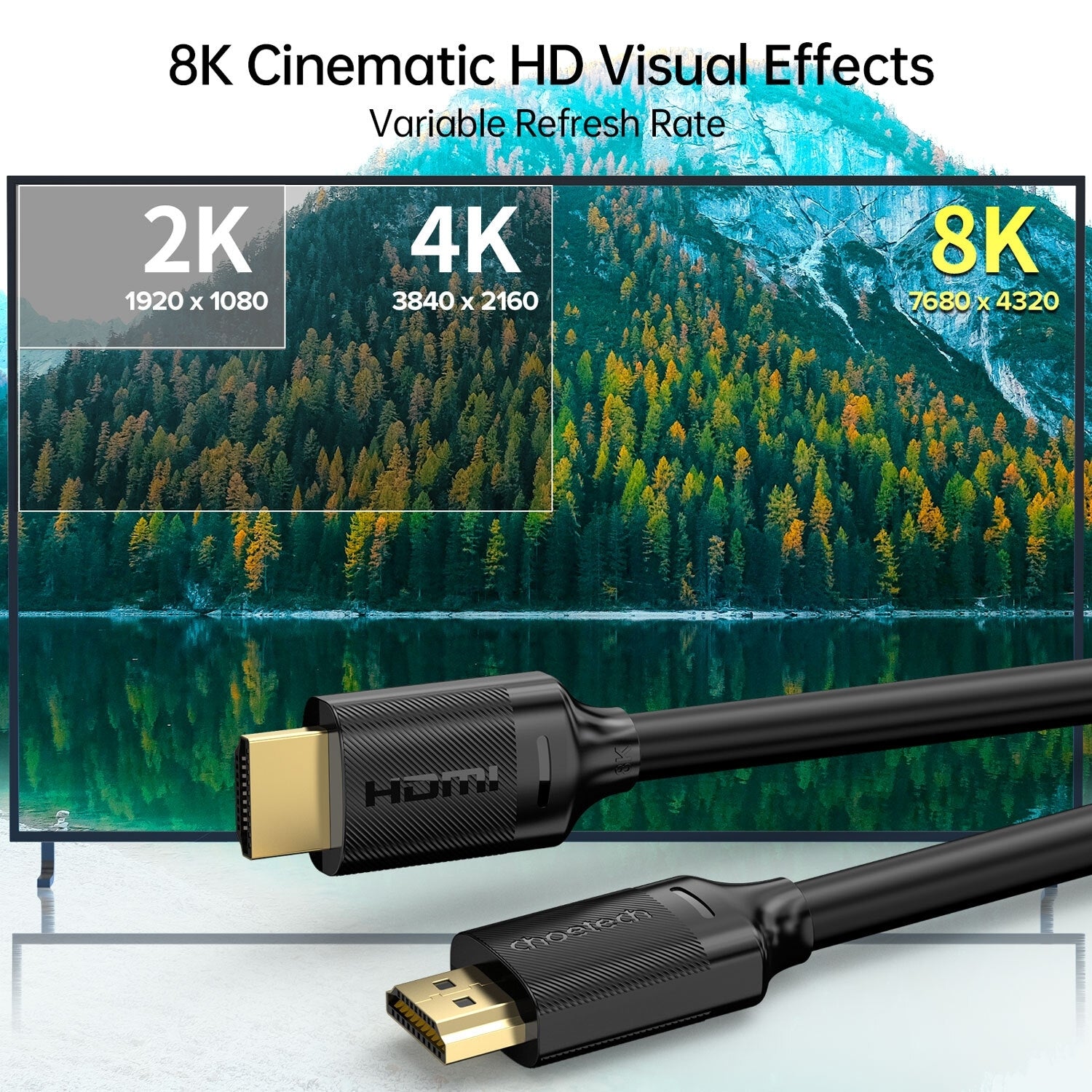 CHOETECH XHH-TP20 8K HDMI 2.1 Cable 8K@60Hz 48Gbps 2M Braided Cable - Black V28-ELECHOXHHTP20