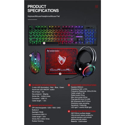T-Wolf TF400 4-pcs Rainbow Keyboard/Mouse/Headphone/Mouse Pad Kit Set V28-ELETEQTF400