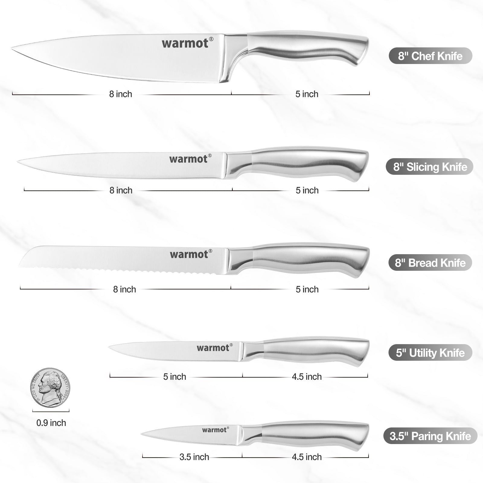 Warmot 5-Piece Ultra Sharp High Carbon Stainless Steel Chefs Kitchen Knife Set with Gift Box (750C) V28-ELEWMT750C