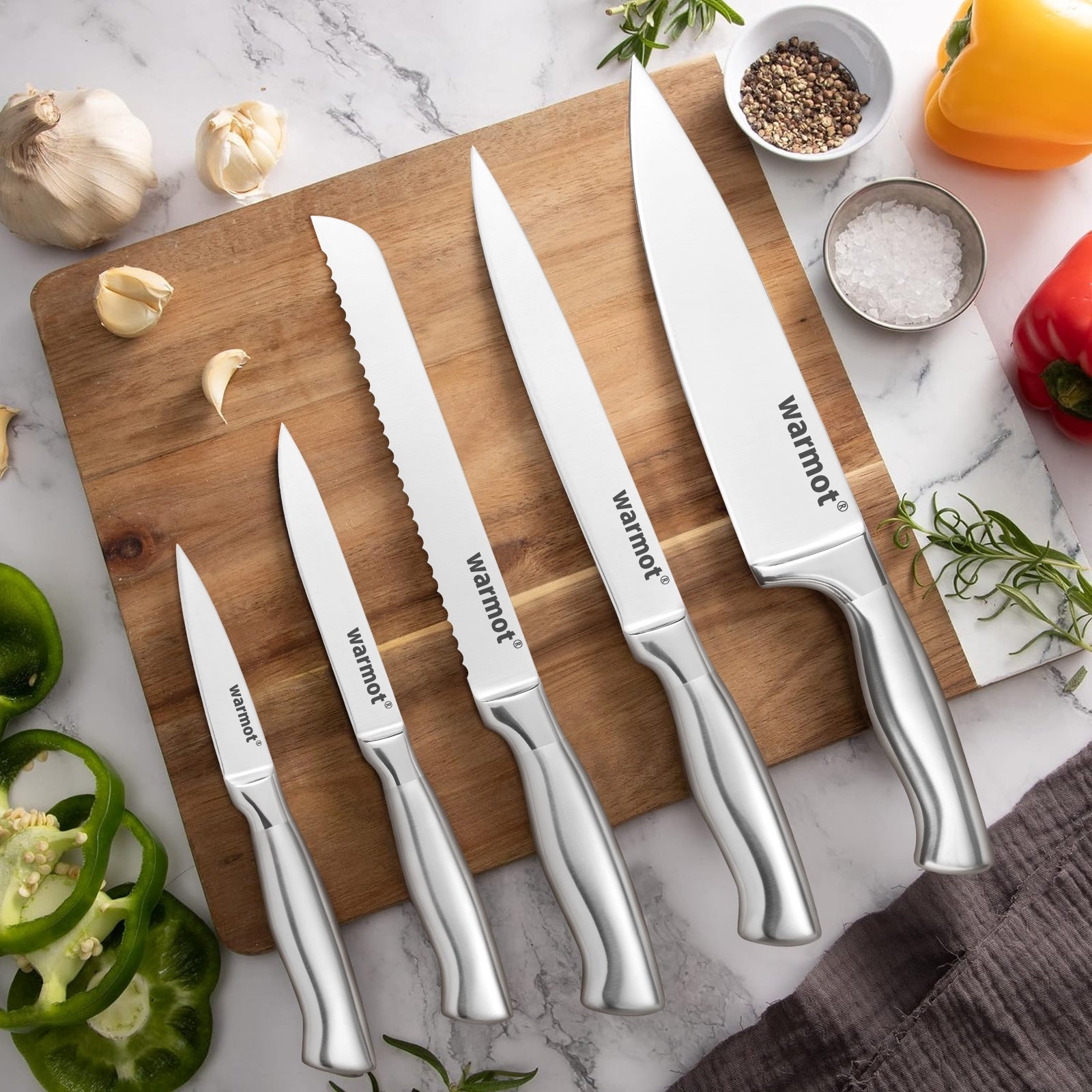 Warmot 5-Piece Ultra Sharp High Carbon Stainless Steel Chefs Kitchen Knife Set with Gift Box (750C) V28-ELEWMT750C
