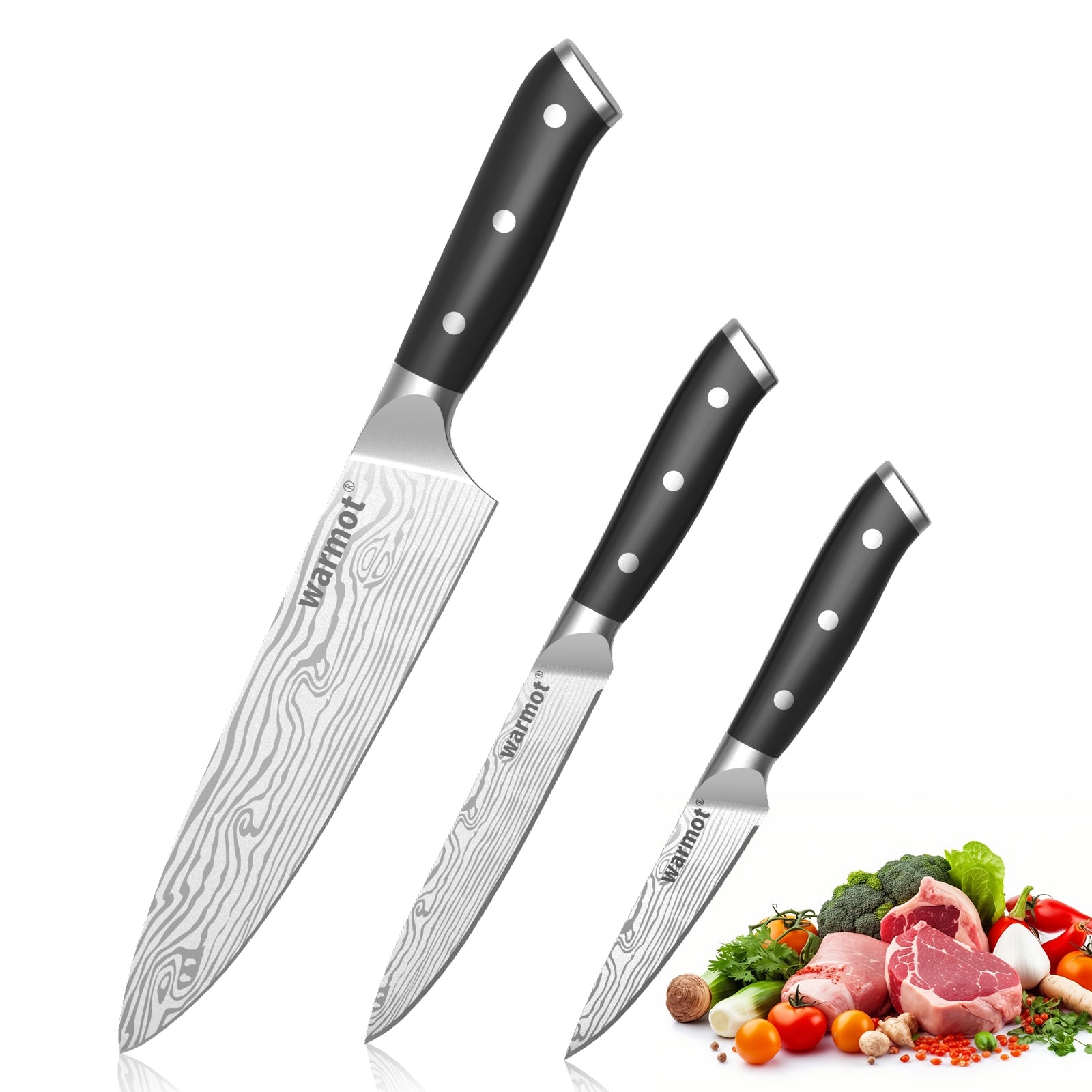 Warmot 3-Piece High Carbon Stainless Steel Cooking Knife Triple Riveted Handle with Gift Box(997-3) V28-ELEWMT997-3