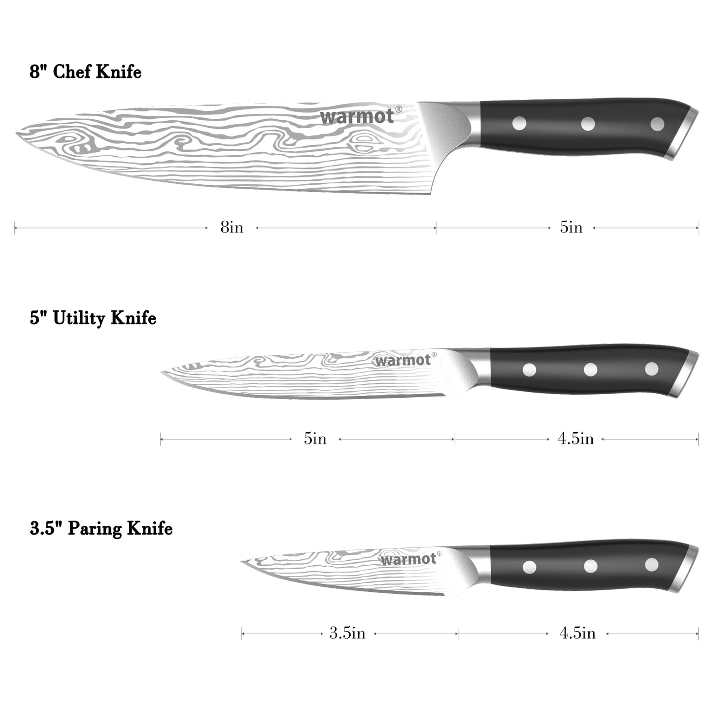 Warmot 3-Piece High Carbon Stainless Steel Cooking Knife Triple Riveted Handle with Gift Box(997-3) V28-ELEWMT997-3