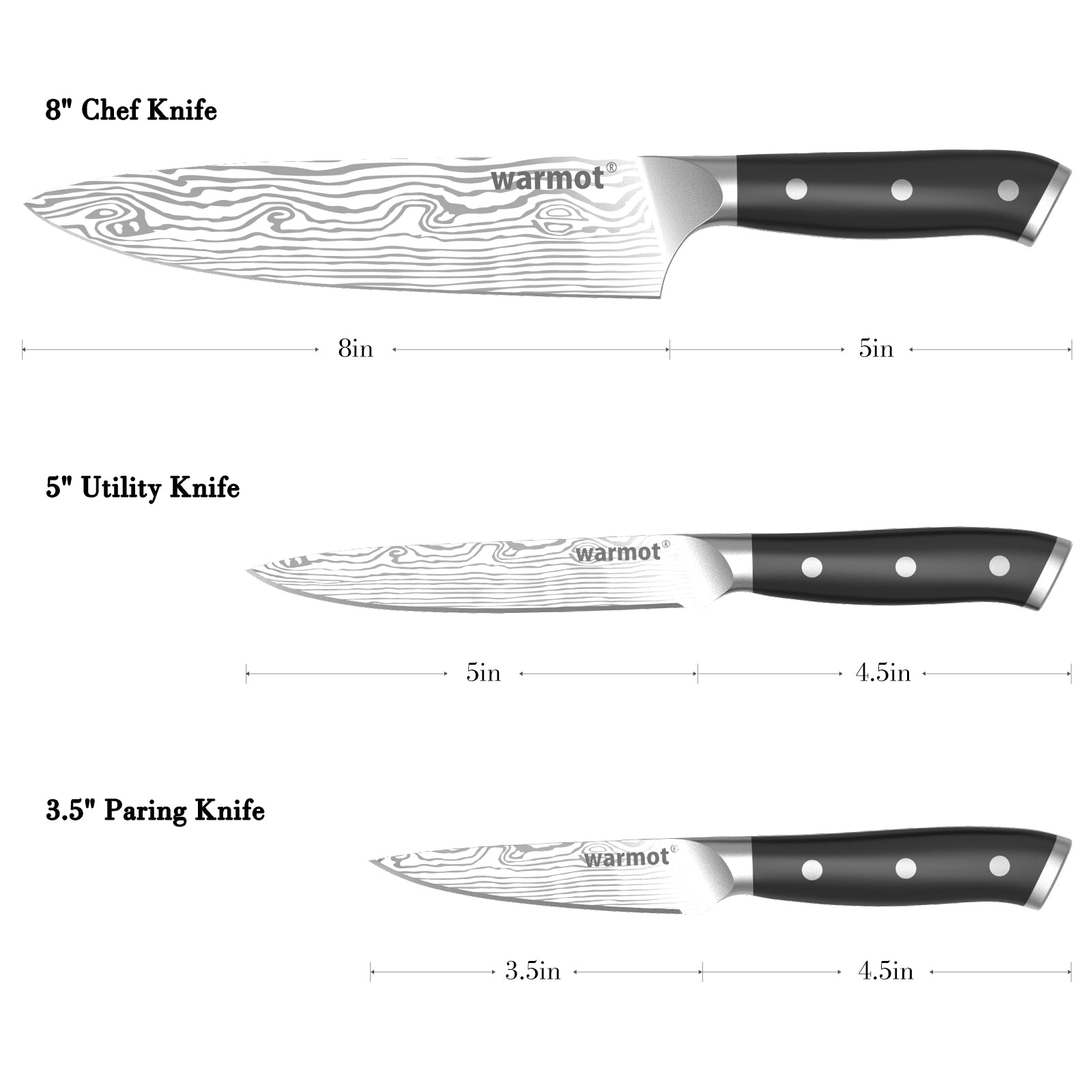 Warmot 3-Piece High Carbon Stainless Steel Cooking Knife Triple Riveted Handle with Gift Box(997-3) V28-ELEWMT997-3