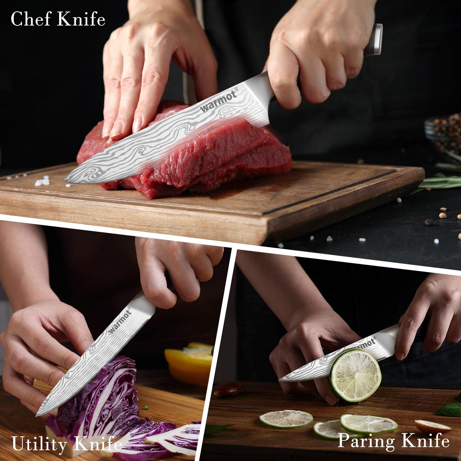 Warmot 3-Piece High Carbon Stainless Steel Cooking Knife Triple Riveted Handle with Gift Box(997-3) V28-ELEWMT997-3