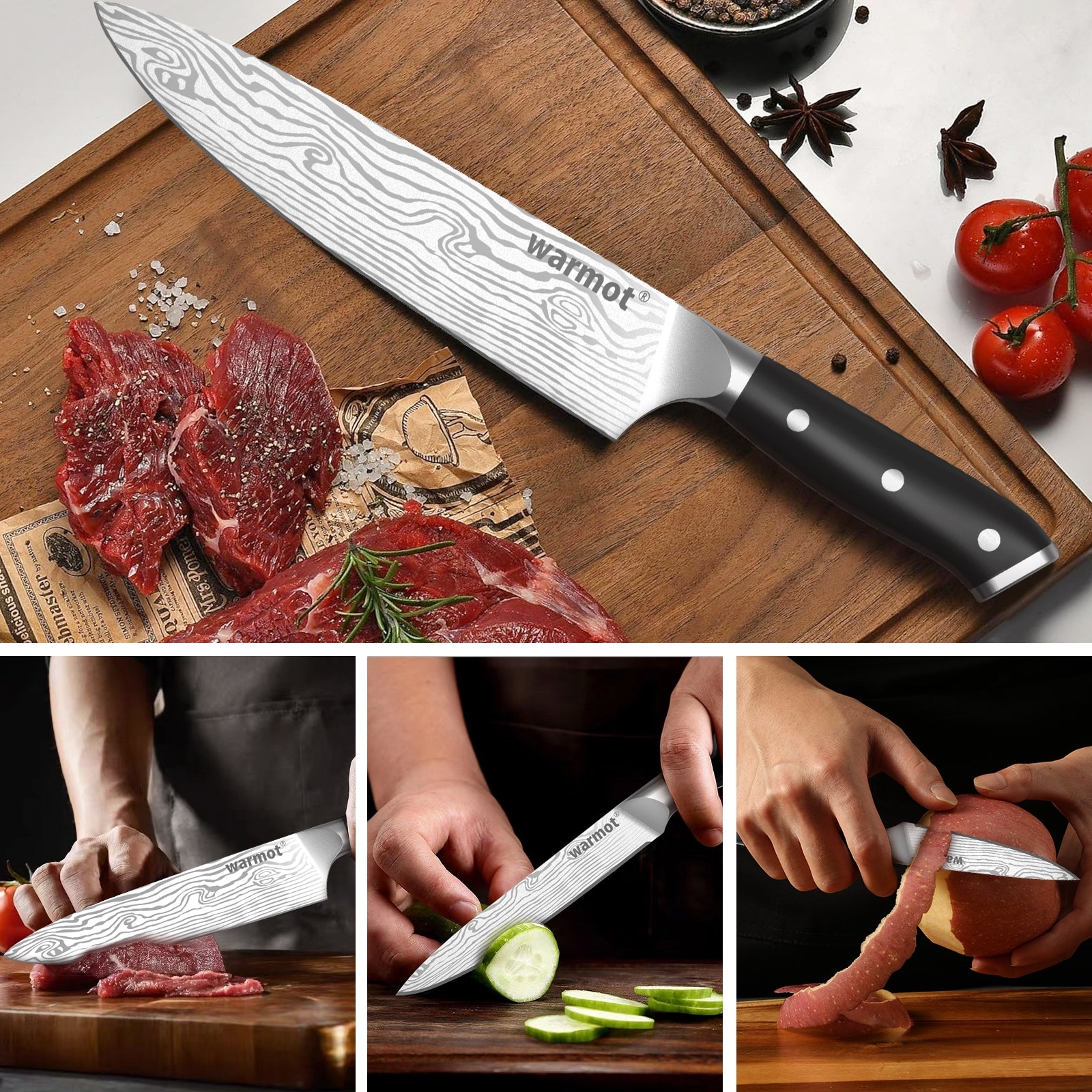 Warmot 3-Piece High Carbon Stainless Steel Cooking Knife Triple Riveted Handle with Gift Box(997-3) V28-ELEWMT997-3