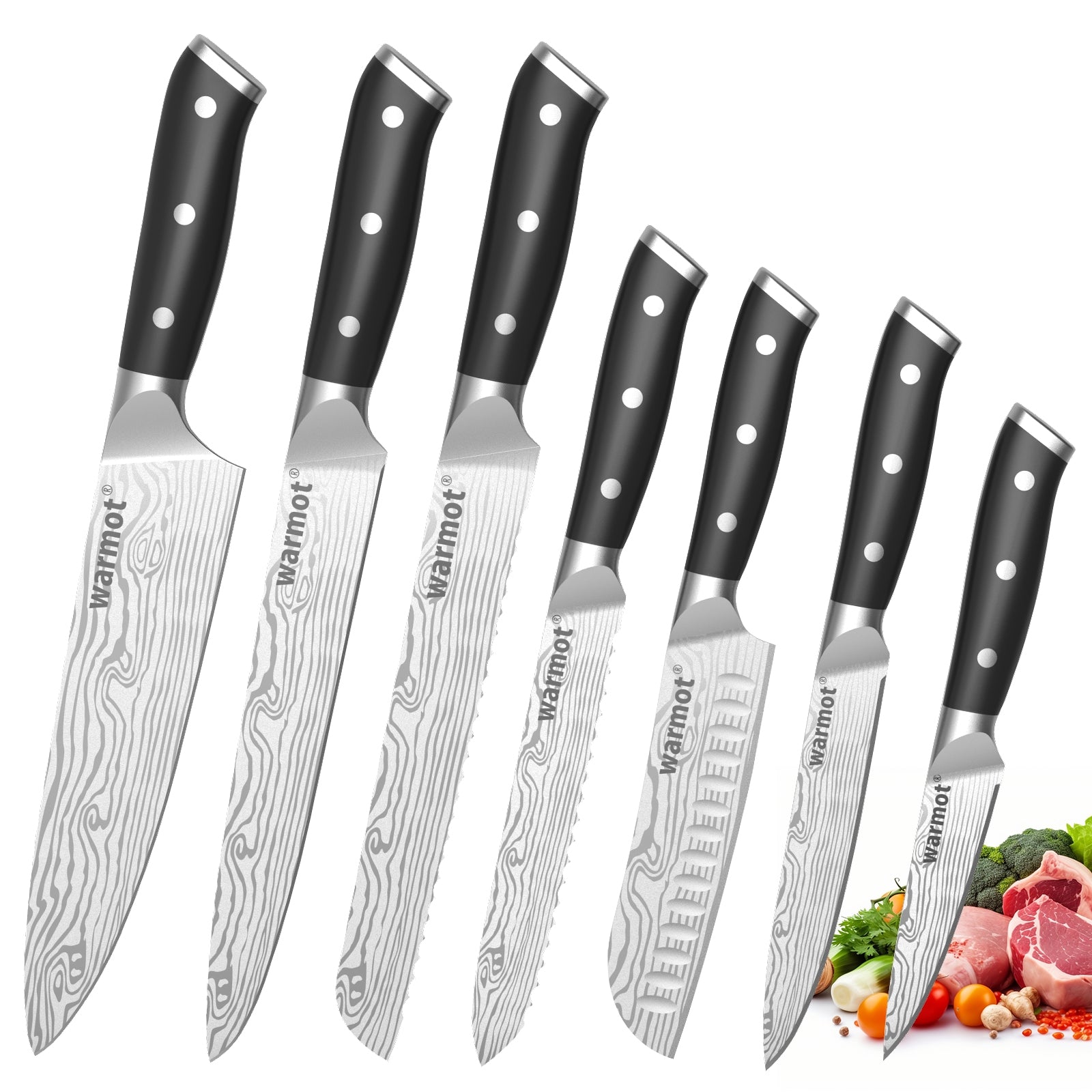 Warmot 7-Piece High Carbon Stainless Steel Cooking Knife Triple Riveted Handle with Gift Box(997-7) V28-ELEWMT997-7