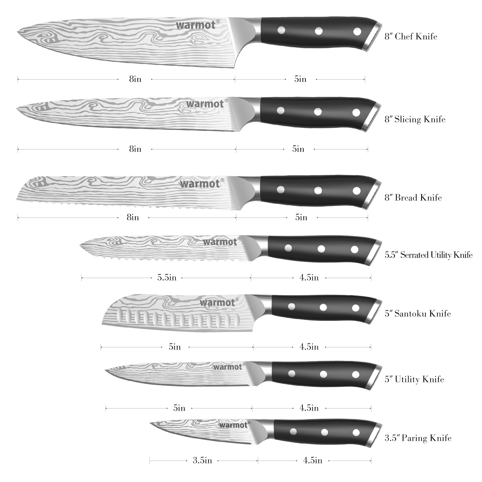 Warmot 7-Piece High Carbon Stainless Steel Cooking Knife Triple Riveted Handle with Gift Box(997-7) V28-ELEWMT997-7
