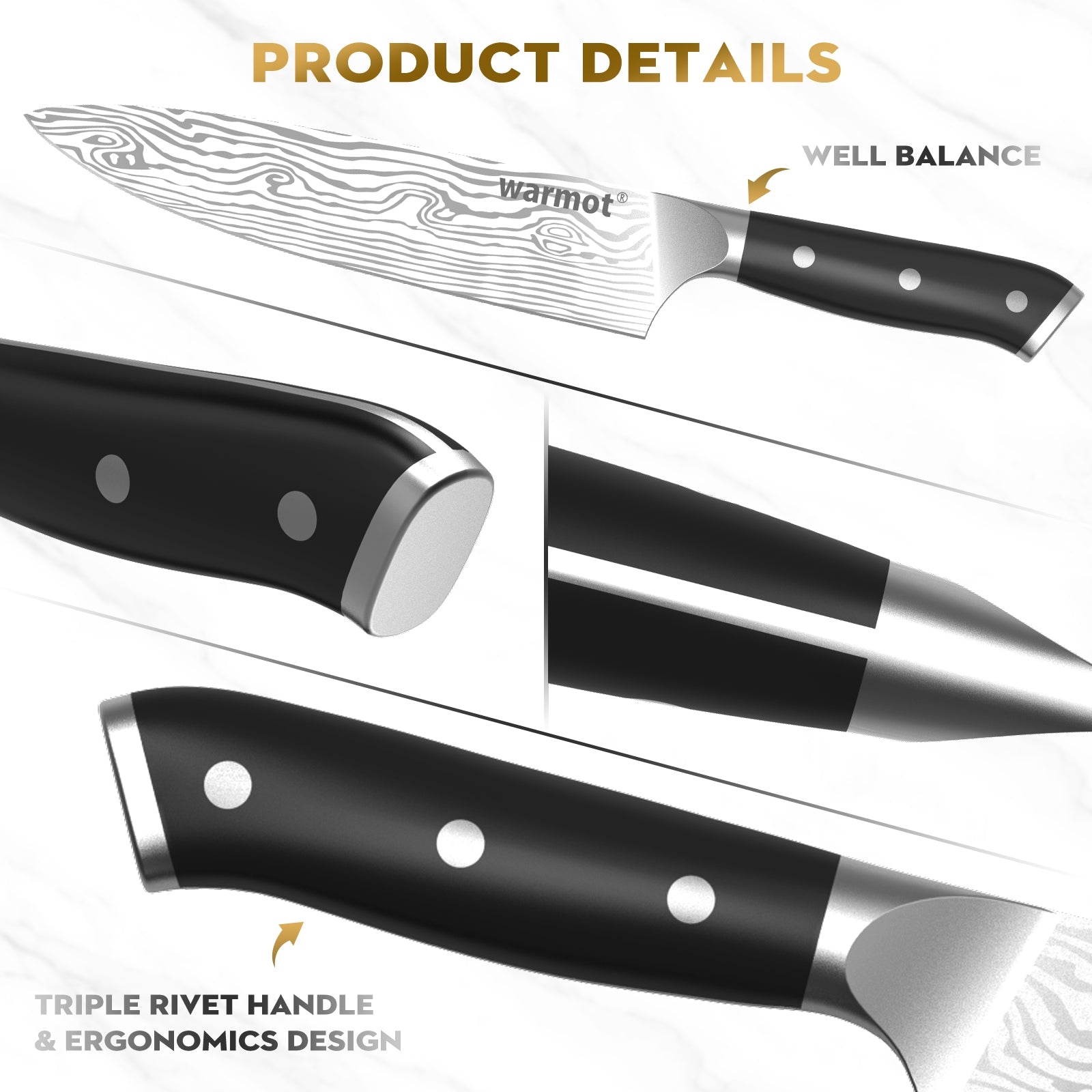 Warmot 7-Piece High Carbon Stainless Steel Cooking Knife Triple Riveted Handle with Gift Box(997-7) V28-ELEWMT997-7