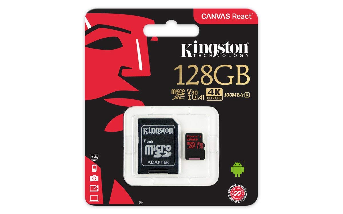 KINGSTON Canvas React: MicroSD 128GB , 100MB/s read and 70MB/s write with SD adapter SDCR/128GB V28-FFCKIN128GSDCR