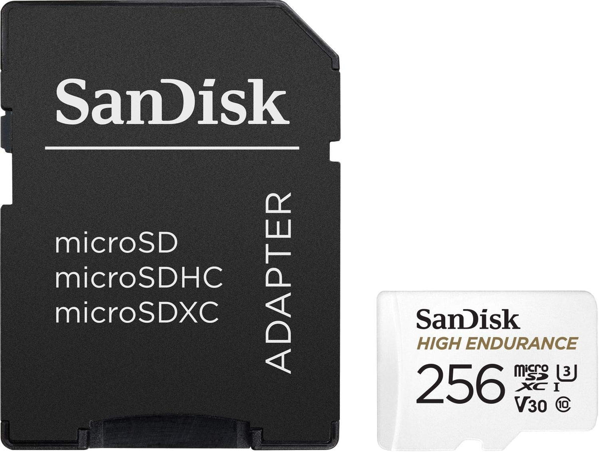 SANDISK HIGH ENDURANCE MICROSDHC CARD SQQNR 256G UHS-I C10 U3 V30 100MB/S R 40MB/S W SD ADAPTOR V28-FFCSAN256GSQQNR1