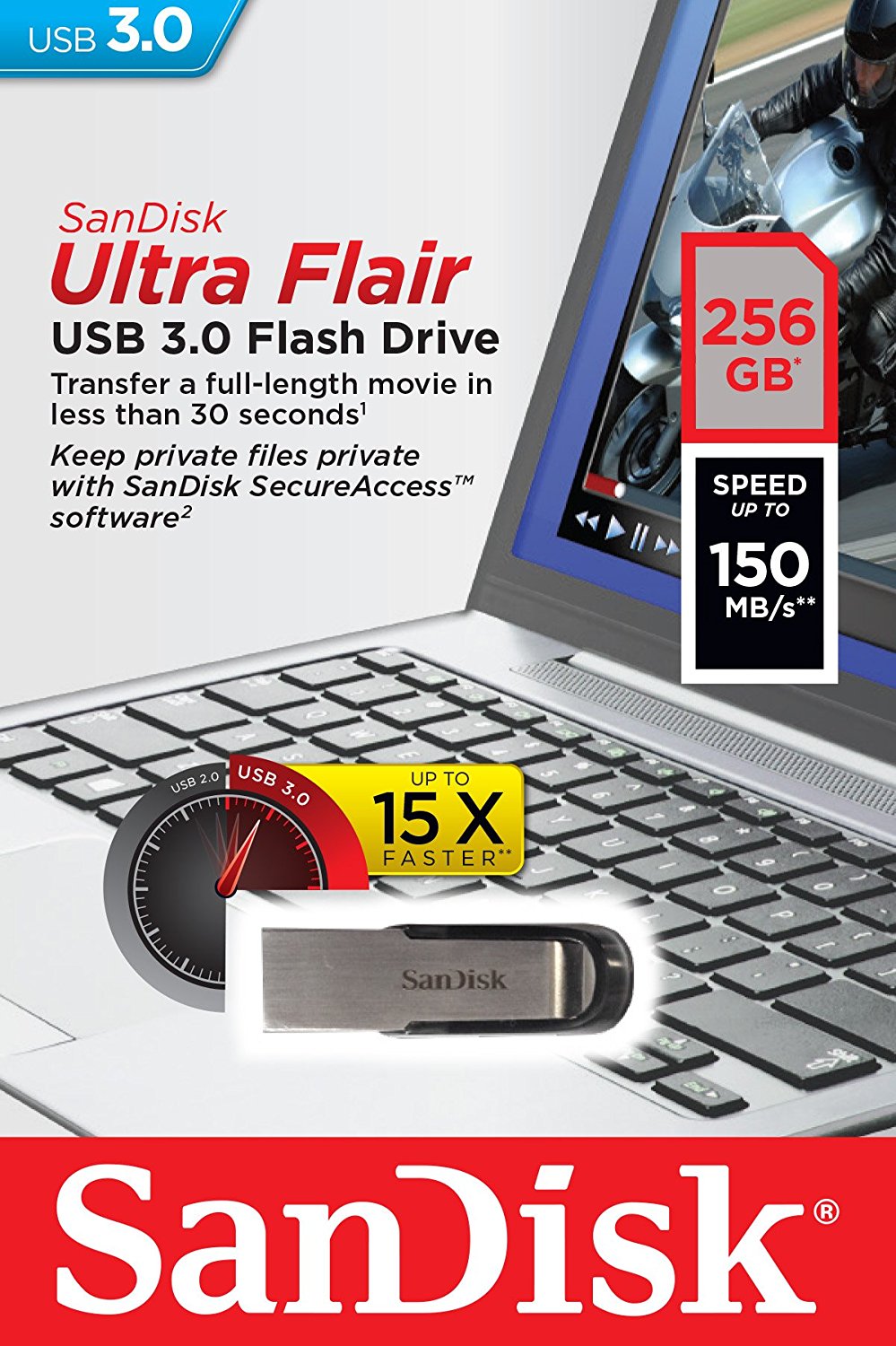 SANDISK 256GB CZ73 ULTRA FLAIR USB 3.0 FLASH DRIVE upto 150MB/s V28-FUSSAN256GCZ73UF3