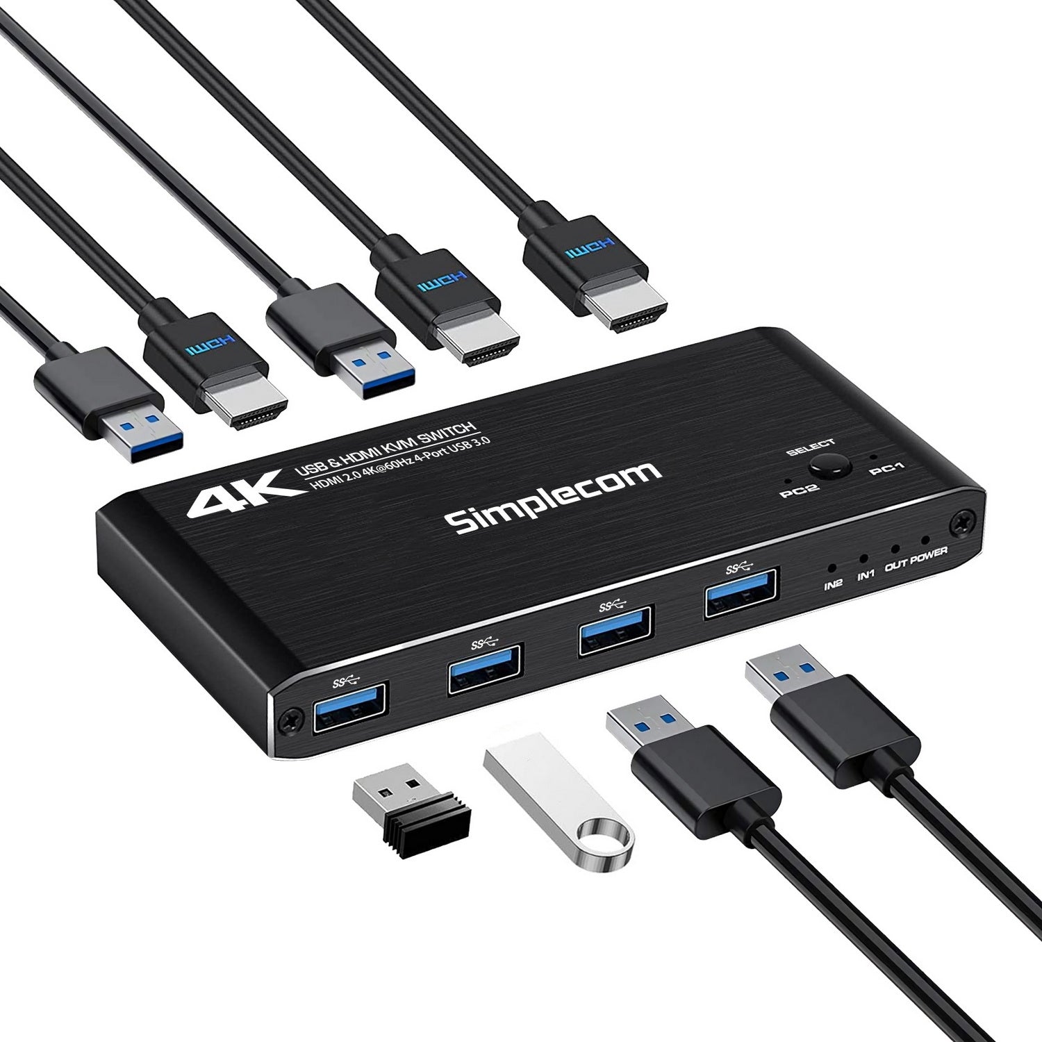 Simplecom KM420 2-Port HDMI KVM Switch HDMI 2.0 4K@60Hz 4-Port USB 3.0 Hub 5Gbps V28-KM420