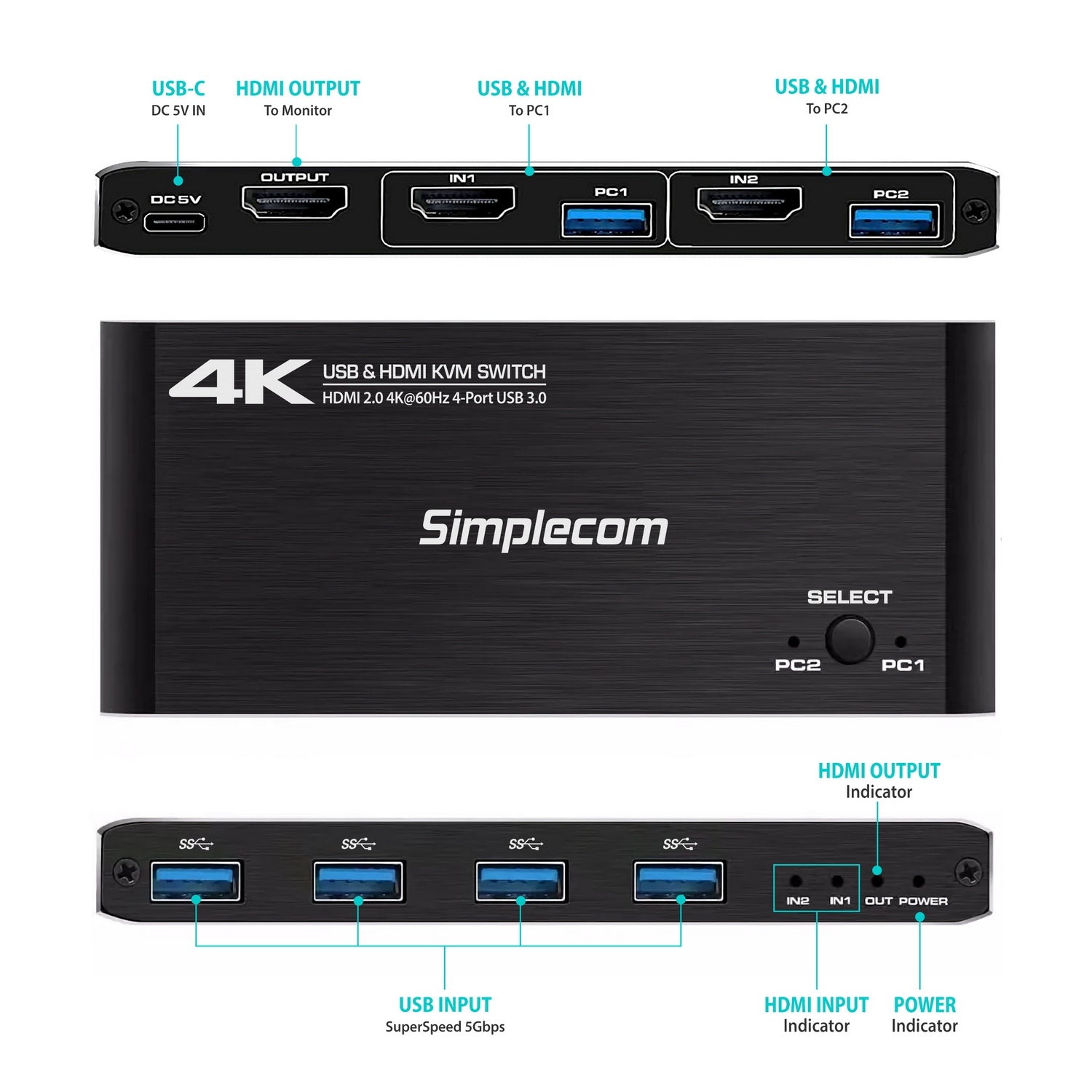 Simplecom KM420 2-Port HDMI KVM Switch HDMI 2.0 4K@60Hz 4-Port USB 3.0 Hub 5Gbps V28-KM420