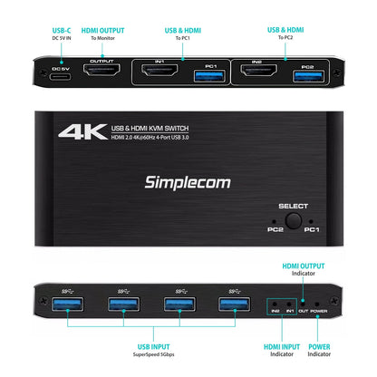 Simplecom KM420 2-Port HDMI KVM Switch HDMI 2.0 4K@60Hz 4-Port USB 3.0 Hub 5Gbps V28-KM420