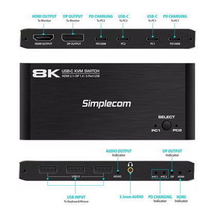Simplecom KM470 2-Port USB-C KVM Switch 8K Docking Station HDMI 2.1 DP for Laptop Tablet V28-KM470