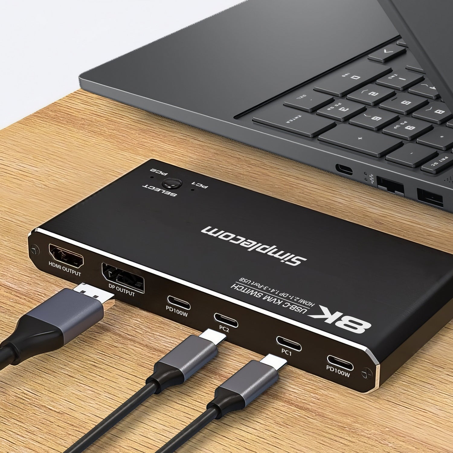Simplecom KM470 2-Port USB-C KVM Switch 8K Docking Station HDMI 2.1 DP for Laptop Tablet V28-KM470