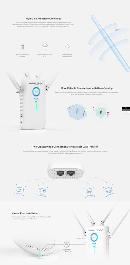 WAVLINK AC1200 Dual Gigabit Ethernet Ports Wi-Fi Range Extender (WL-WN579G3) V28-NETWINWSWN579G3