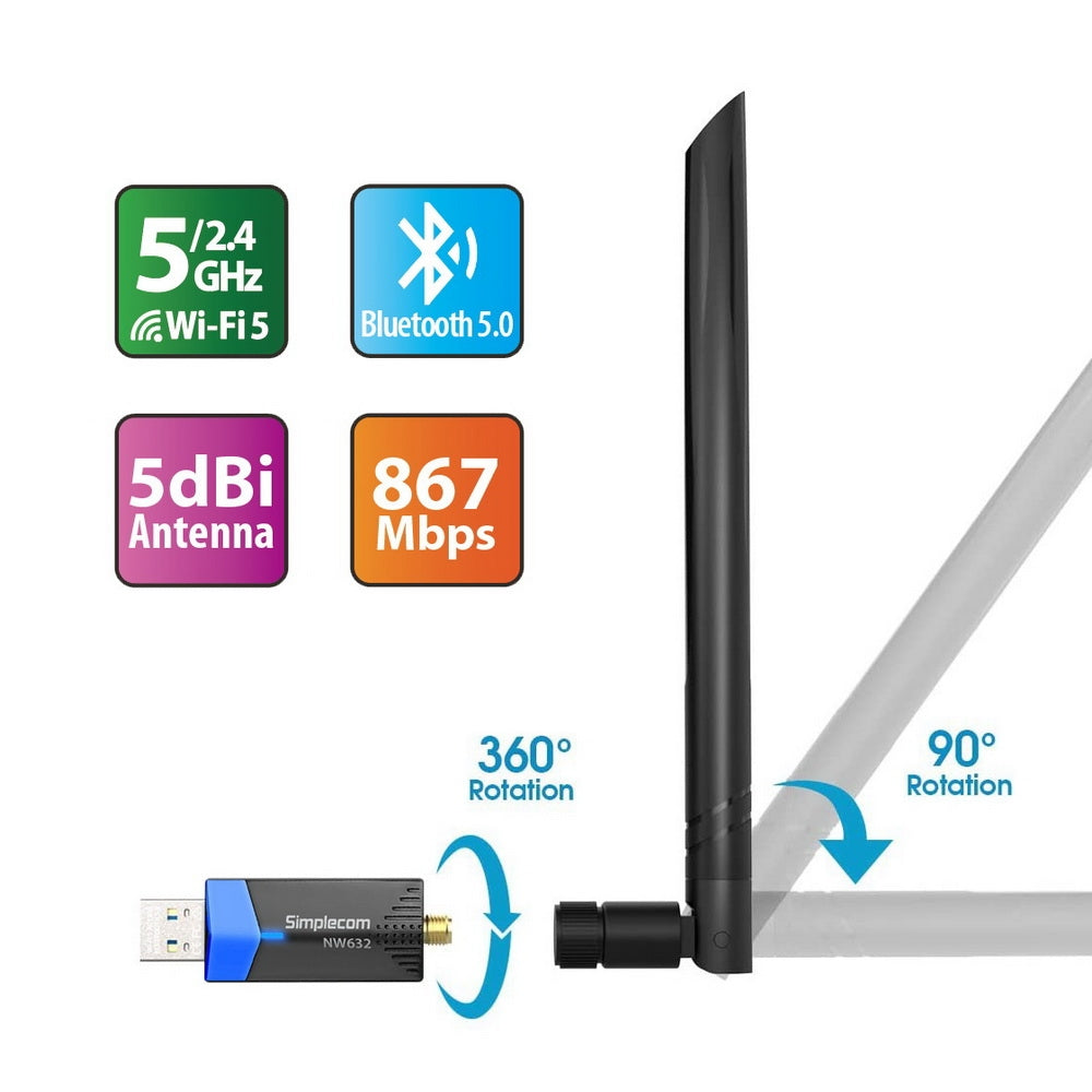 Simplecom NW632 Wi-Fi 5 Bluetooth 5.0 USB Adapter Dual Band AC1200 V28-NW632