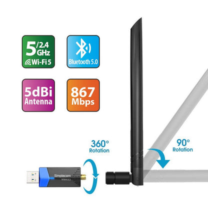 Simplecom NW632 Wi-Fi 5 Bluetooth 5.0 USB Adapter Dual Band AC1200 V28-NW632