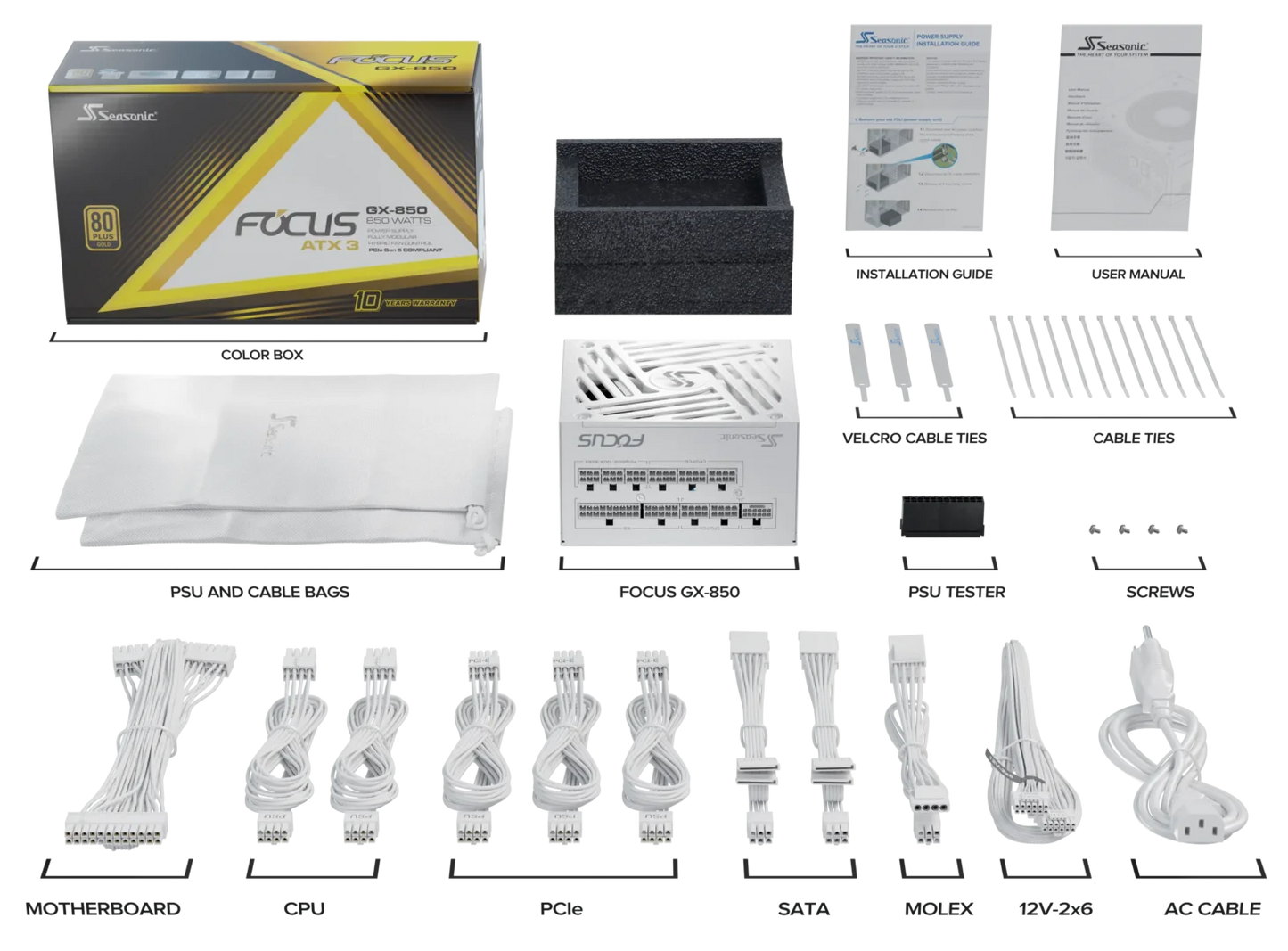 Seasonic 850W Focus GX-850 V4 WHITE Fully-Modular 80 PLUS Gold ATX3.1/PCIe 5.1 PSU V28-PSUSEAFOCUSGXWHITE850V4