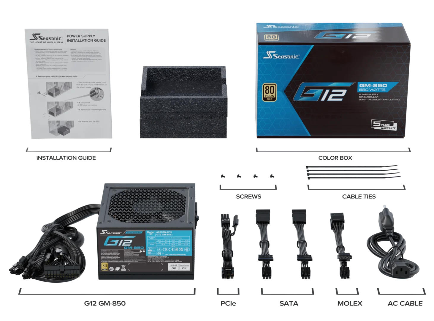 Seasonic 850W G12 V1.5 GM-850 Semi-Modular 80 PLUS Gold ATX PSU V28-PSUSEAG12GM850