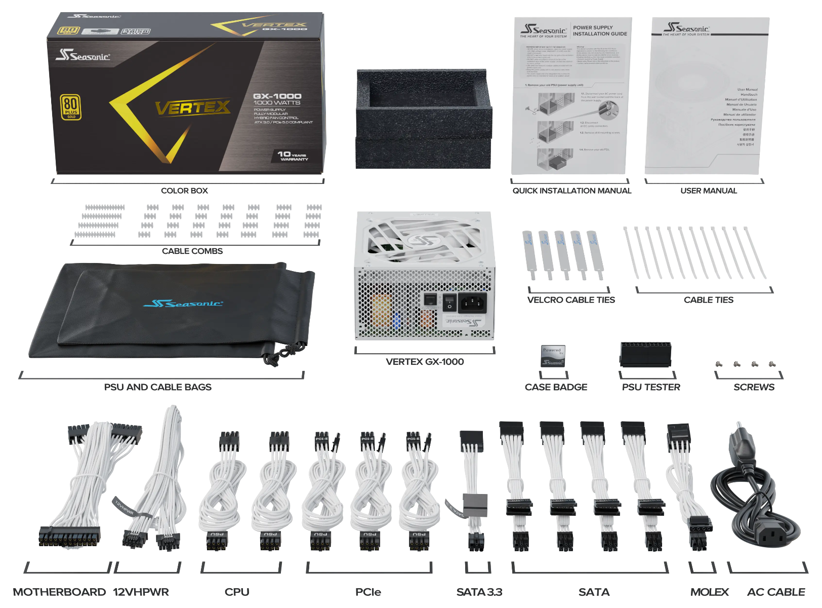 Seasonic VERTEX GX-1000 White 1000W ATX 3.0 Gold Modular PSU V28-PSUSEAVERTEXWHITEGX1000