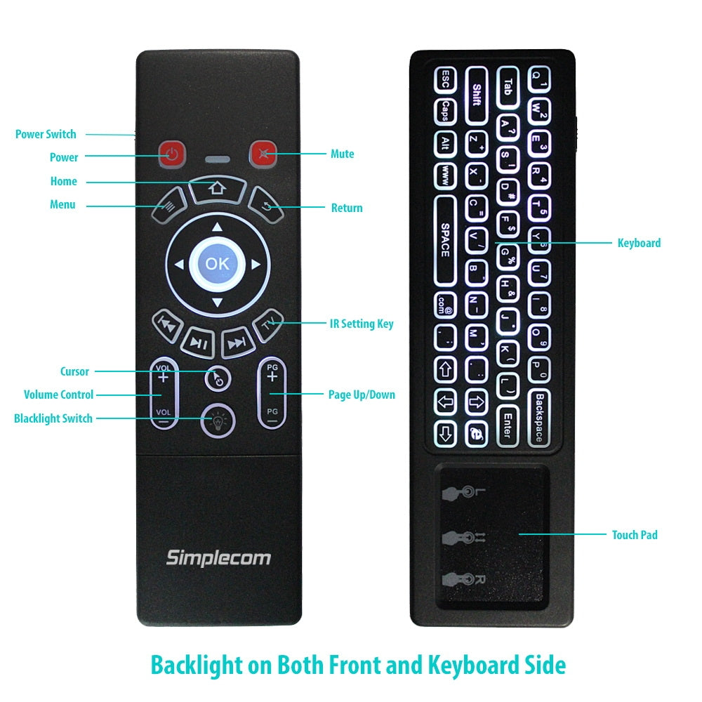 Simplecom RT250 Rechargeable 2.4GHz Wireless Remote Air Mouse Keyboard with Touch Pad and Backlight V28-RT250