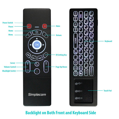 Simplecom RT250 Rechargeable 2.4GHz Wireless Remote Air Mouse Keyboard with Touch Pad and Backlight V28-RT250