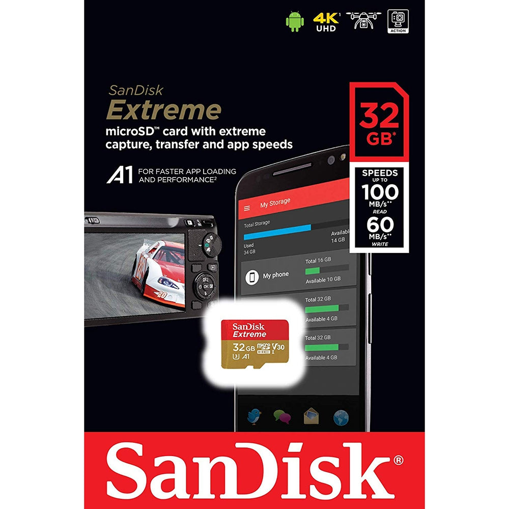 SANDISK SDSQXAF-032G-GN6MN 32GB MICRO SDHC EXTREME A1 V30, UHS-I/ U3, 100MB/s ,NO SD ADAPTER V28-SDSQXAF-032G-GN6MN