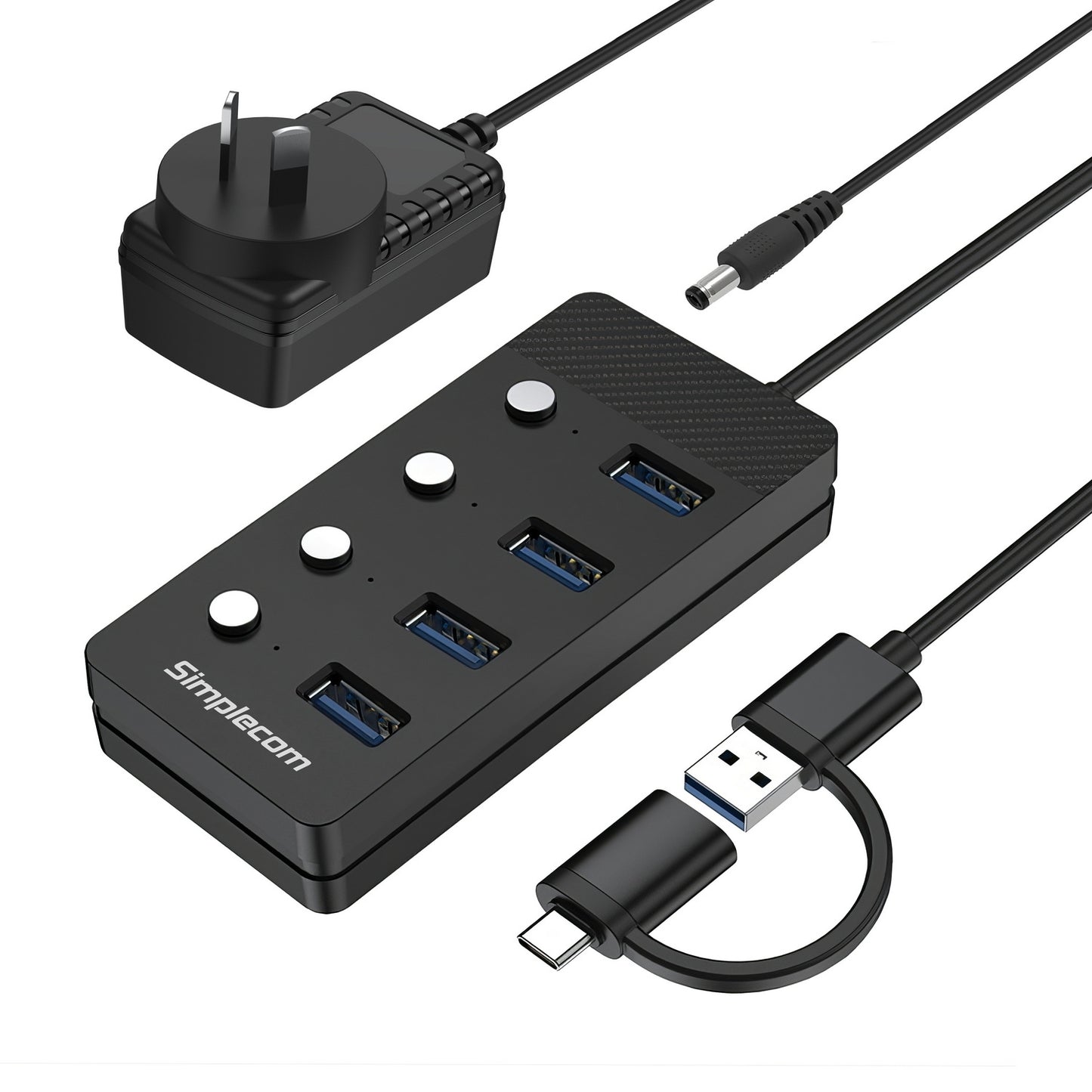 Simplecom CH345C SuperSpeed USB-A and USB-C to 4-Port USB 3.0 Hub 5Gbps Individual Switches and Power Adapter V28-SIMCH345C