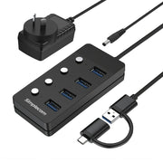 Simplecom CH345C SuperSpeed USB-A and USB-C to 4-Port USB 3.0 Hub 5Gbps Individual Switches and Power Adapter V28-SIMCH345C