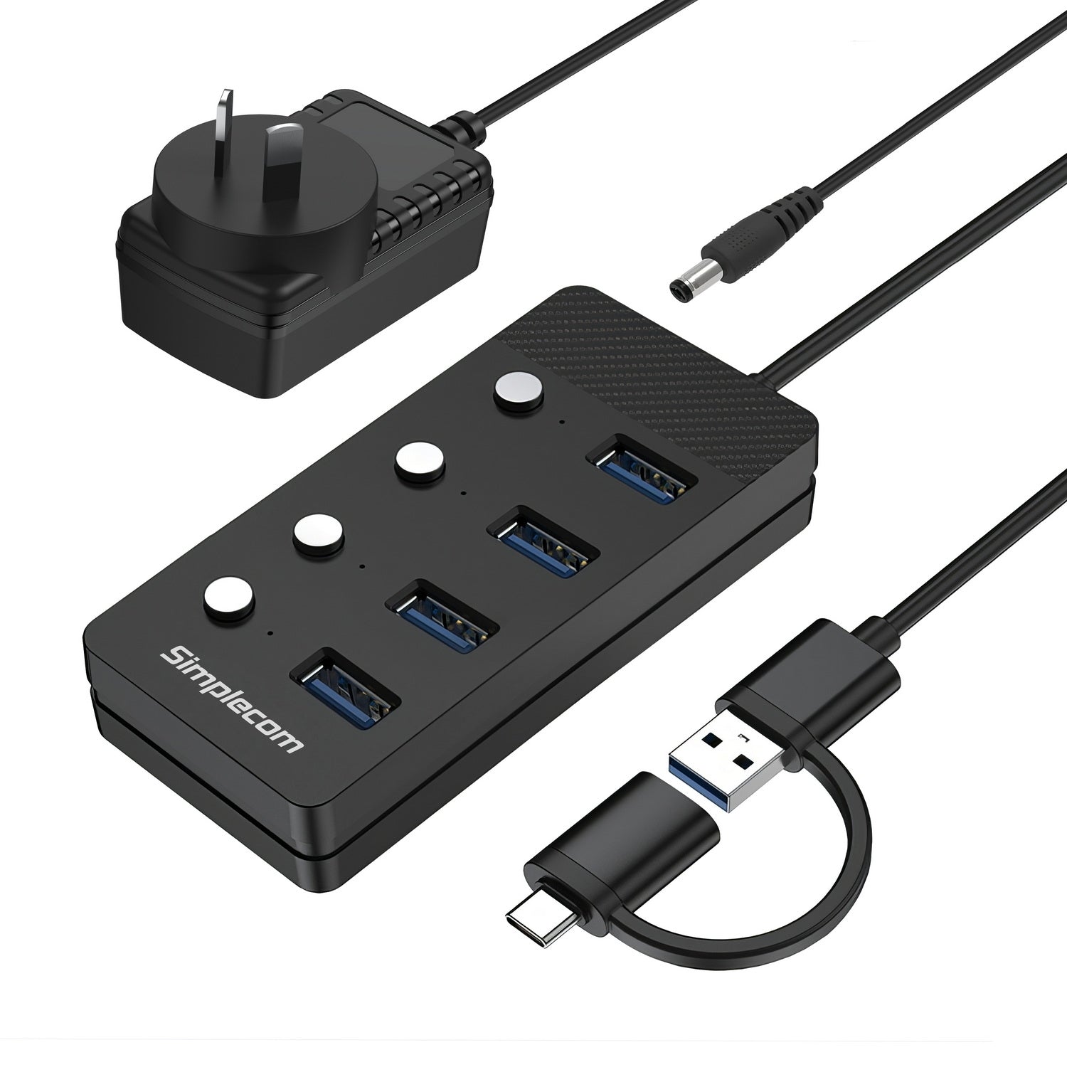 Simplecom CH345C SuperSpeed USB-A and USB-C to 4-Port USB 3.0 Hub 5Gbps Individual Switches and Power Adapter V28-SIMCH345C