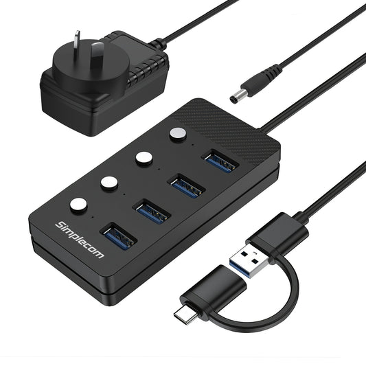 Simplecom CH345C SuperSpeed USB-A and USB-C to 4-Port USB 3.0 Hub 5Gbps Individual Switches and Power Adapter V28-SIMCH345C