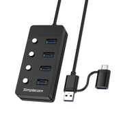 Simplecom CH345C SuperSpeed USB-A and USB-C to 4-Port USB 3.0 Hub 5Gbps Individual Switches and Power Adapter V28-SIMCH345C