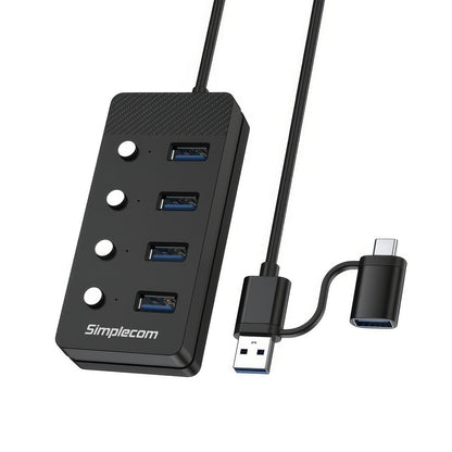 Simplecom CH345C SuperSpeed USB-A and USB-C to 4-Port USB 3.0 Hub 5Gbps Individual Switches and Power Adapter V28-SIMCH345C