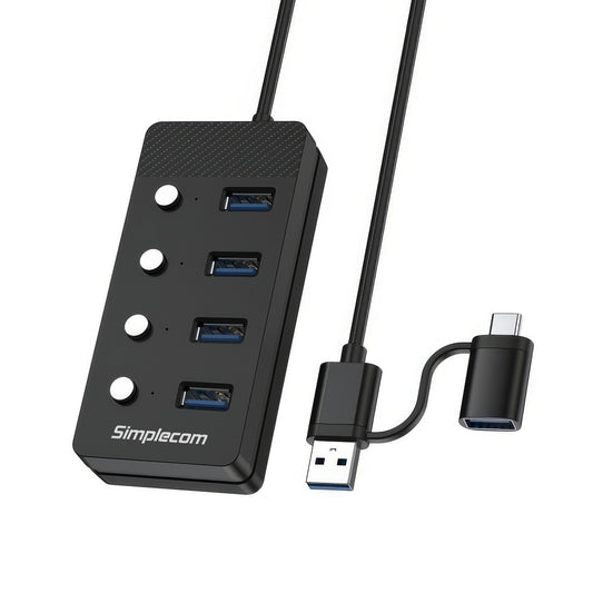 Simplecom CH345C SuperSpeed USB-A and USB-C to 4-Port USB 3.0 Hub 5Gbps Individual Switches and Power Adapter V28-SIMCH345C