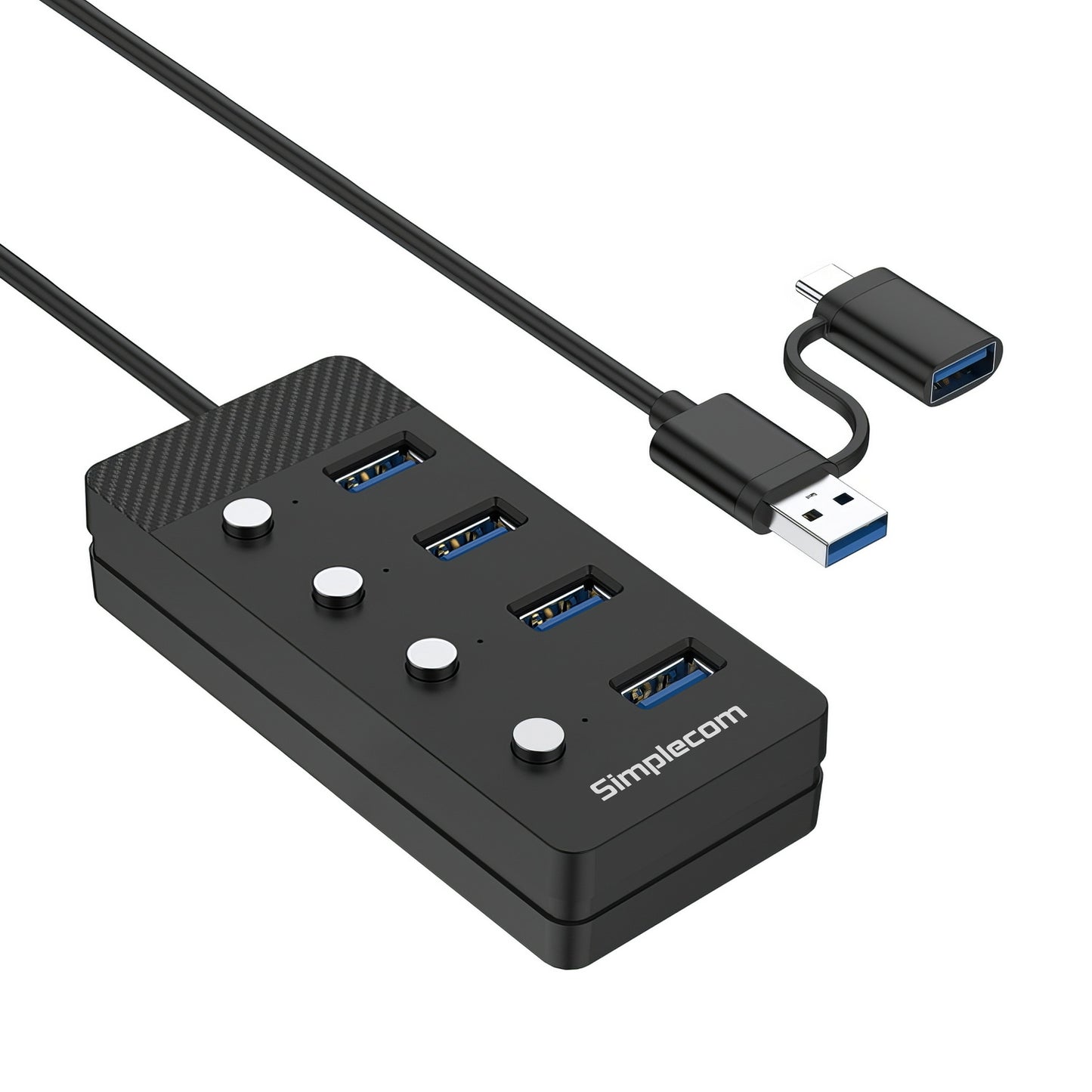 Simplecom CH345C SuperSpeed USB-A and USB-C to 4-Port USB 3.0 Hub 5Gbps Individual Switches and Power Adapter V28-SIMCH345C
