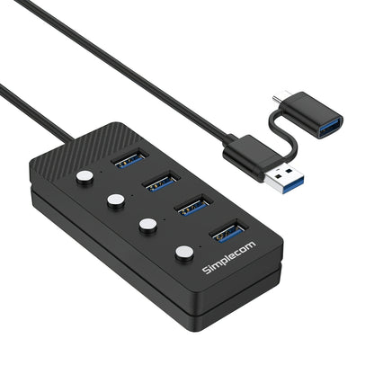 Simplecom CH345C SuperSpeed USB-A and USB-C to 4-Port USB 3.0 Hub 5Gbps Individual Switches and Power Adapter V28-SIMCH345C