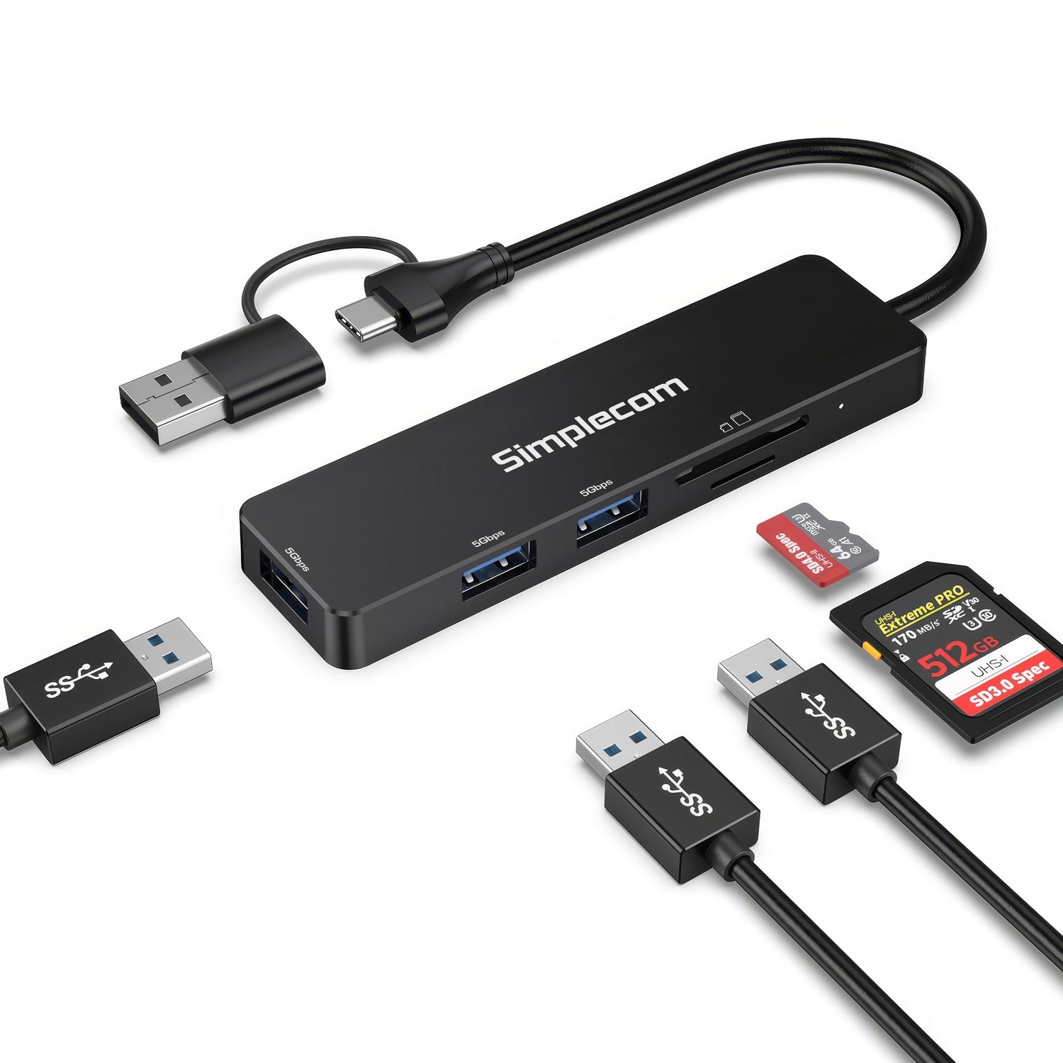 Simplecom CH365C SuperSpeed 3-Port USB Hub with SD MicroSD Card Reader USB-A and USB-C Dual Connector V28-SIMCH365C