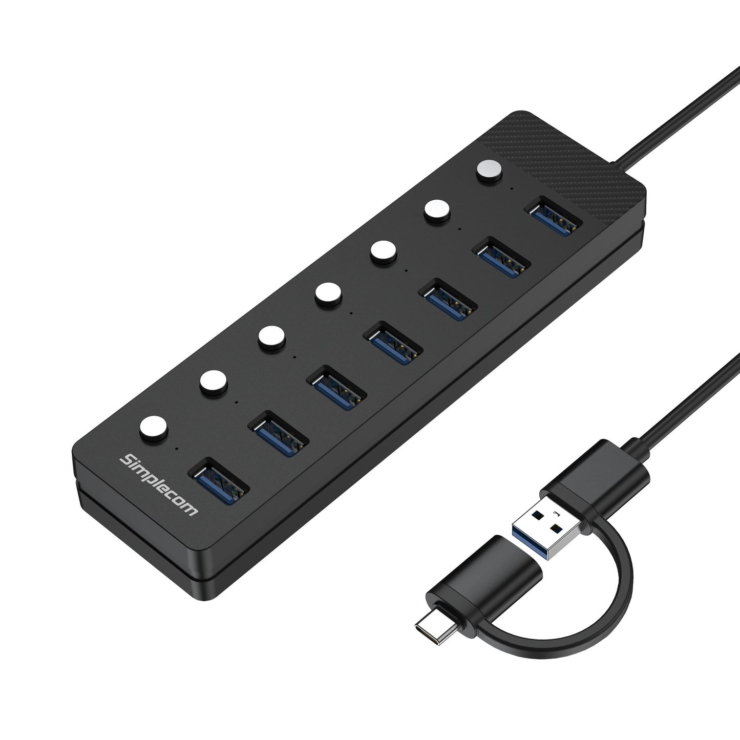 Simplecom CH375C USB-A and USB-C to 7-Port USB 3.0 Hub 5Gbps Individual Switches and Power Adapter V28-SIMCH375C
