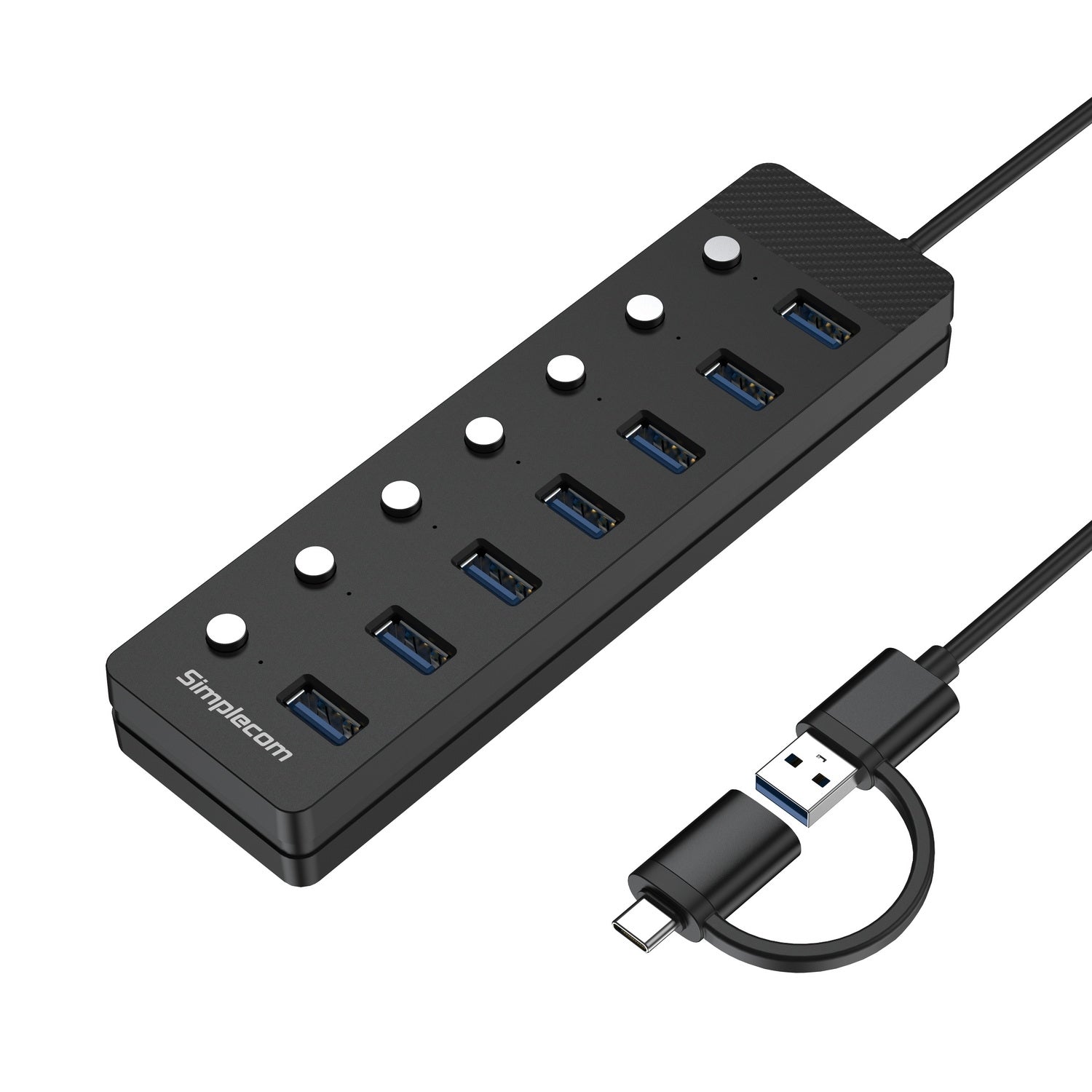 Simplecom CH375C USB-A and USB-C to 7-Port USB 3.0 Hub 5Gbps Individual Switches and Power Adapter V28-SIMCH375C