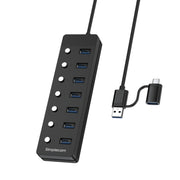 Simplecom CH375C USB-A and USB-C to 7-Port USB 3.0 Hub 5Gbps Individual Switches and Power Adapter V28-SIMCH375C