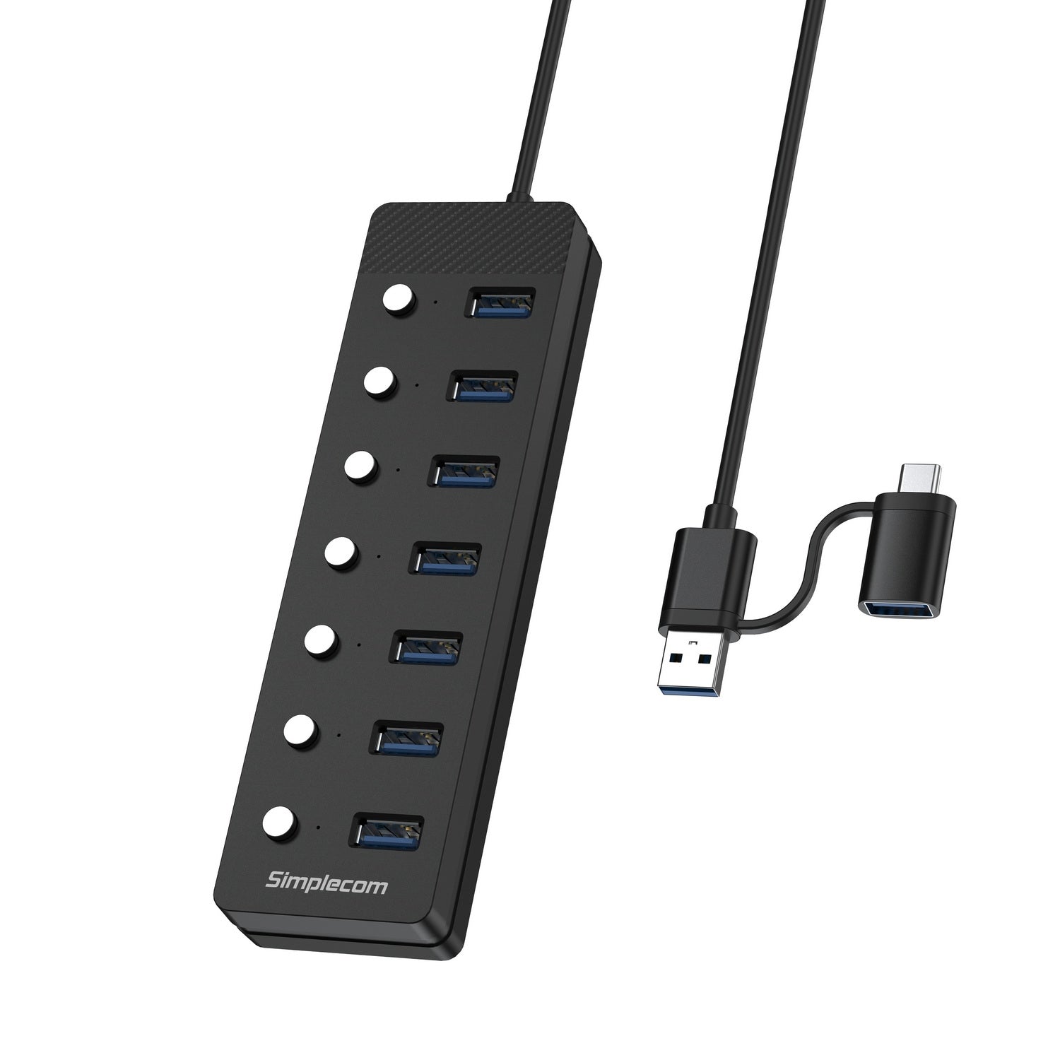 Simplecom CH375C USB-A and USB-C to 7-Port USB 3.0 Hub 5Gbps Individual Switches and Power Adapter V28-SIMCH375C
