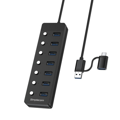 Simplecom CH375C USB-A and USB-C to 7-Port USB 3.0 Hub 5Gbps Individual Switches and Power Adapter V28-SIMCH375C