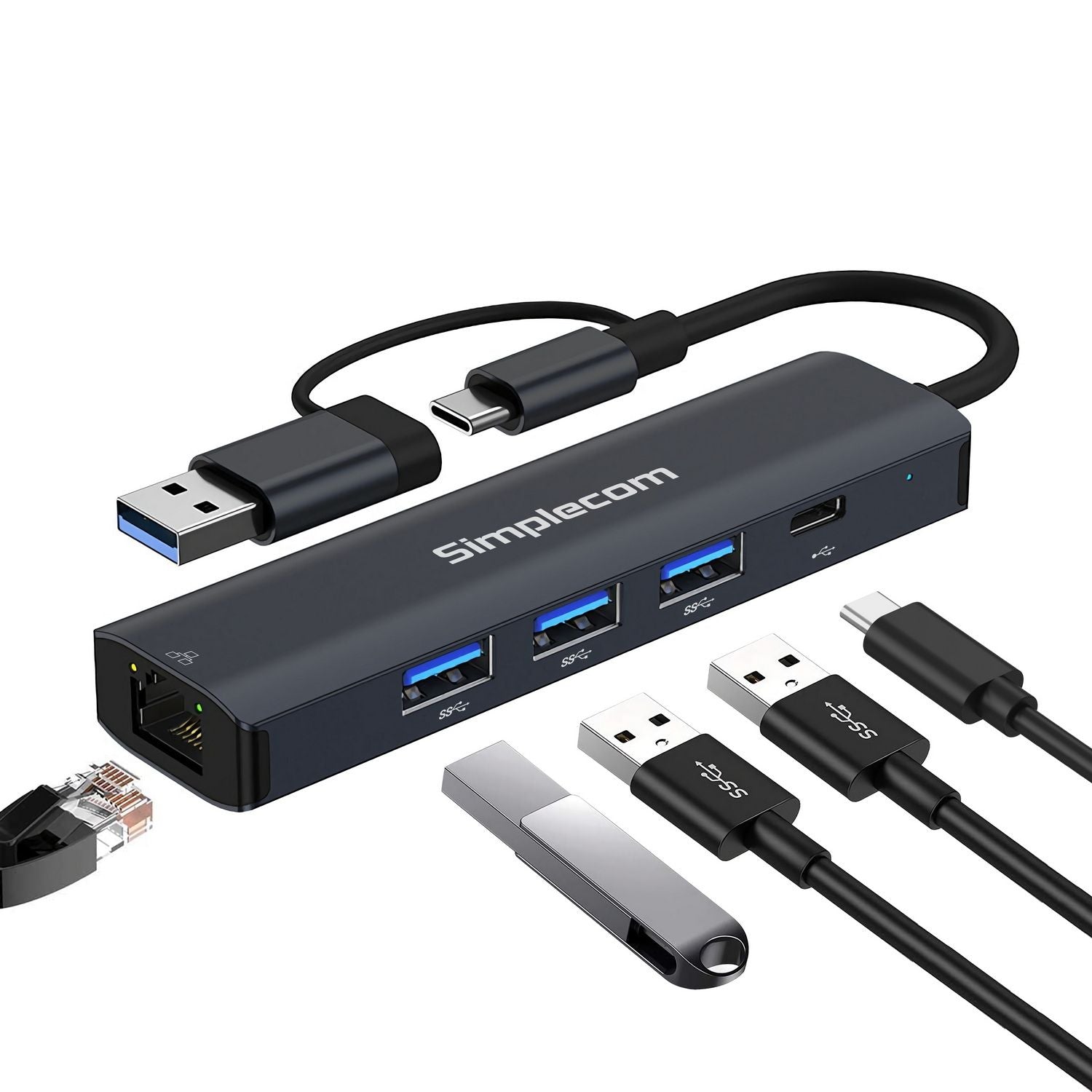 Simplecom CHN436 USB-C and USB-A to 4-Port USB HUB with Gigabit Ethernet Adapter V28-SIMCHN436