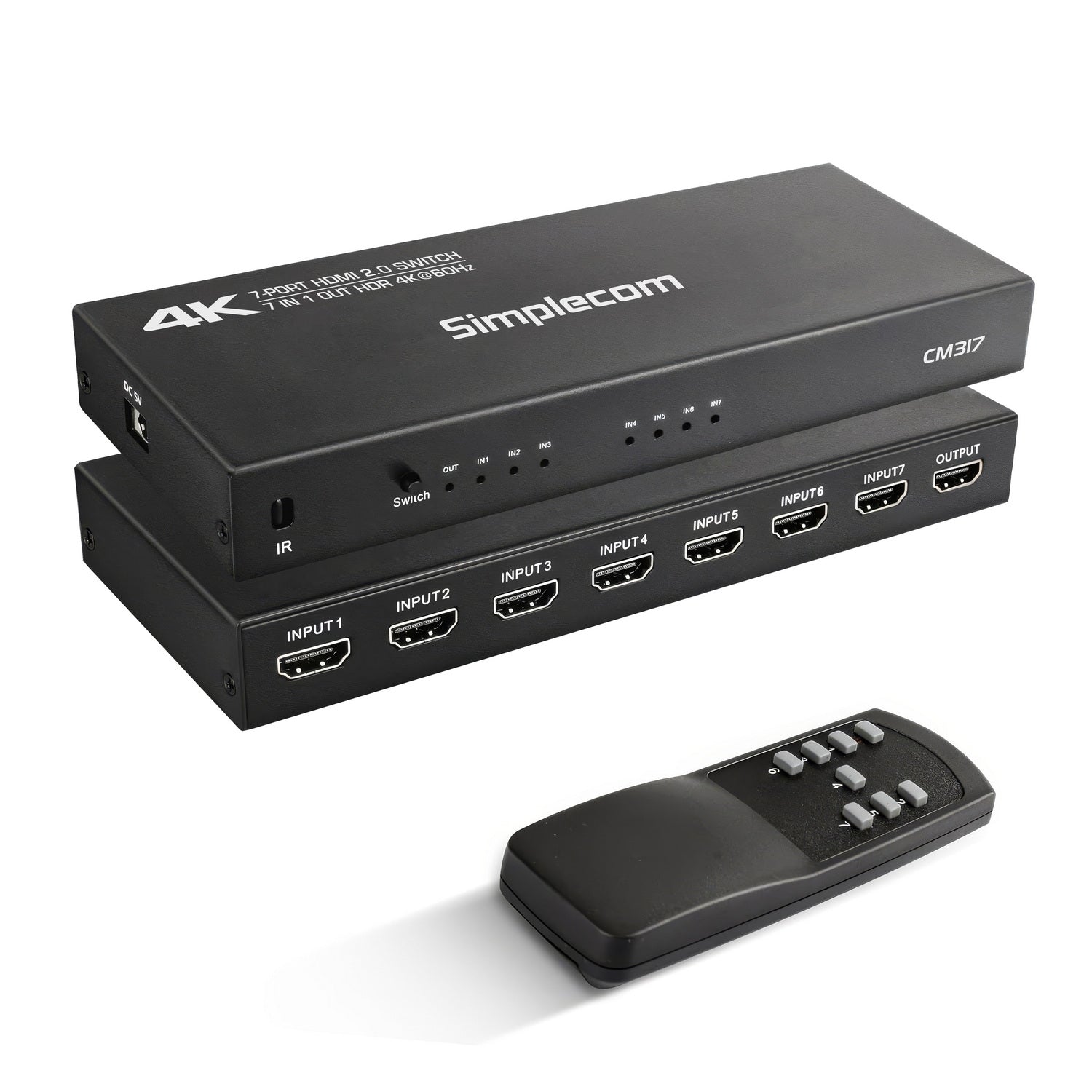 Simplecom CM317 7-Port HDMI 2.0 Switch with Remote 7 IN 1 OUT Splitter HDCP 2.2 4K@60Hz V28-SIMCM317